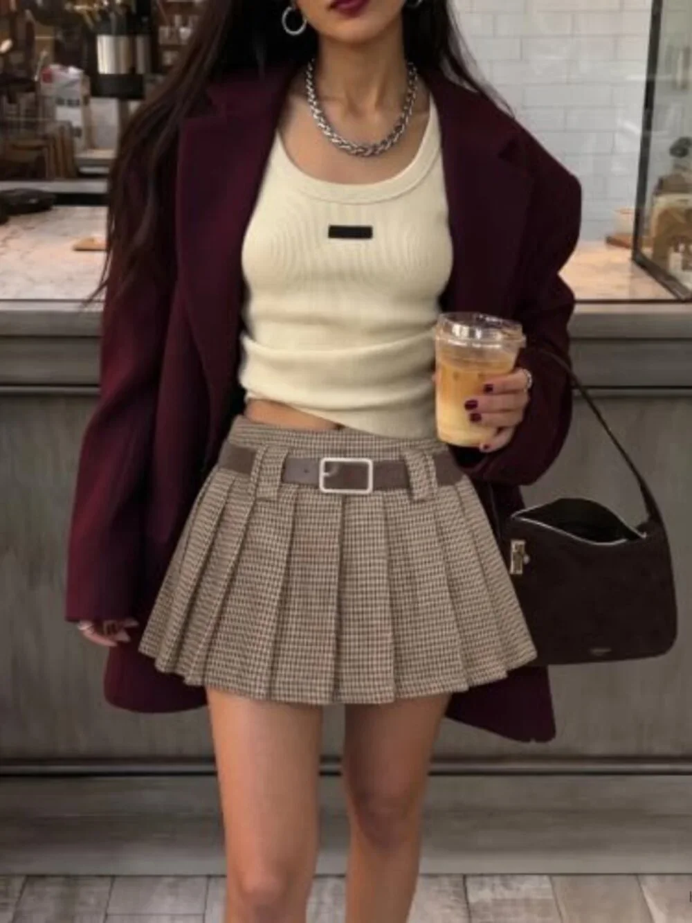 Womens High Waisted Pleated Mini Skirt Y2K A-Line with Belt